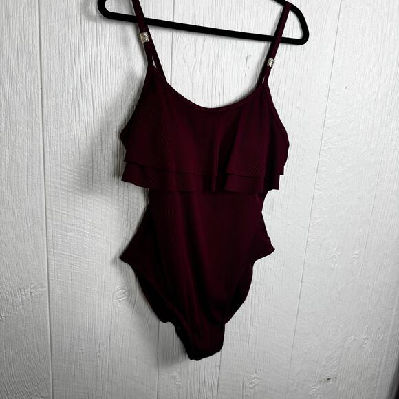 Primark Maroon One Piece Swimsuit Size 14 Ruffle Top Full Coverage Red Ribbed - Picture 6 of 8